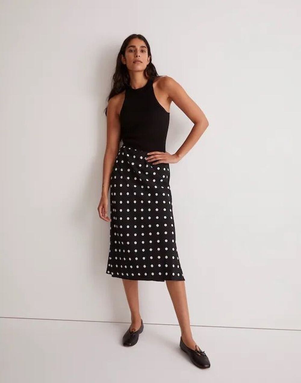Madewell Layton Polka Dot Midi Slip Skirt Black White Size 0